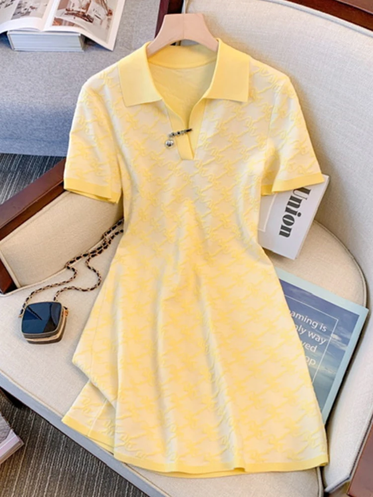 Korean Fashion Preppy Style Yellow Basic A-line All-match Casual Dresses 2023 Spring Women\'s Elegant Midi Dress Lady Clothes