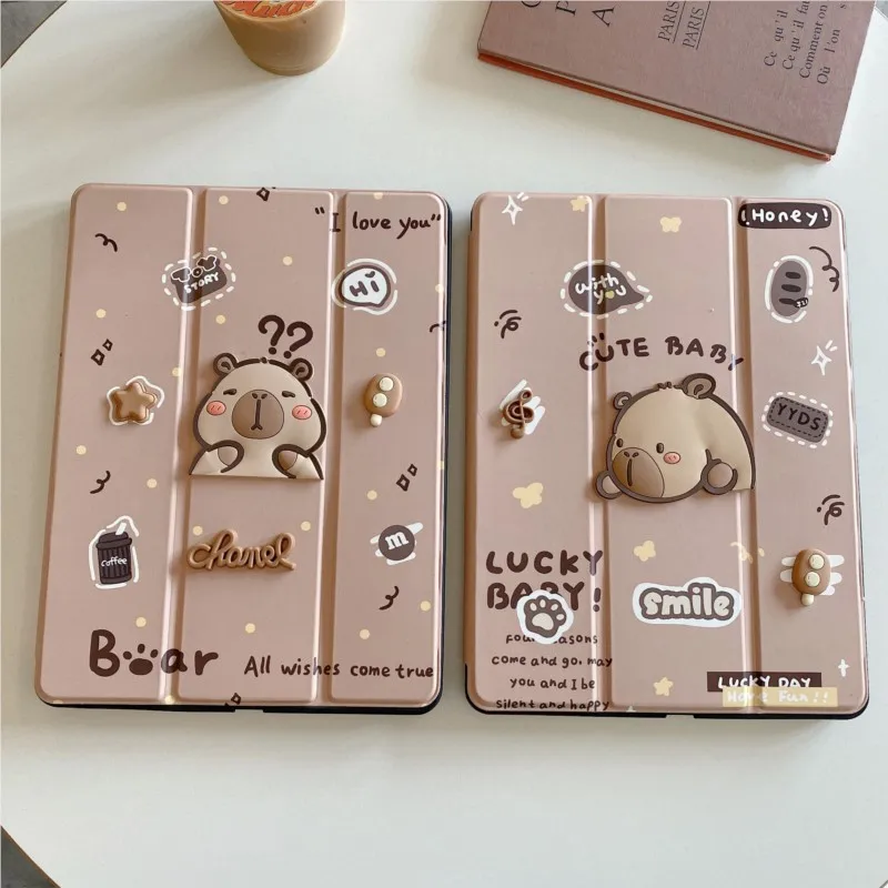 Capybara Cartoon Cute Tablet Case for iPad Mini 1 2 3 4 5 6 7th iPad 5 6th 9.7in 8 9th 10.2in Air (2019) 10.5in Pen Tray Leather