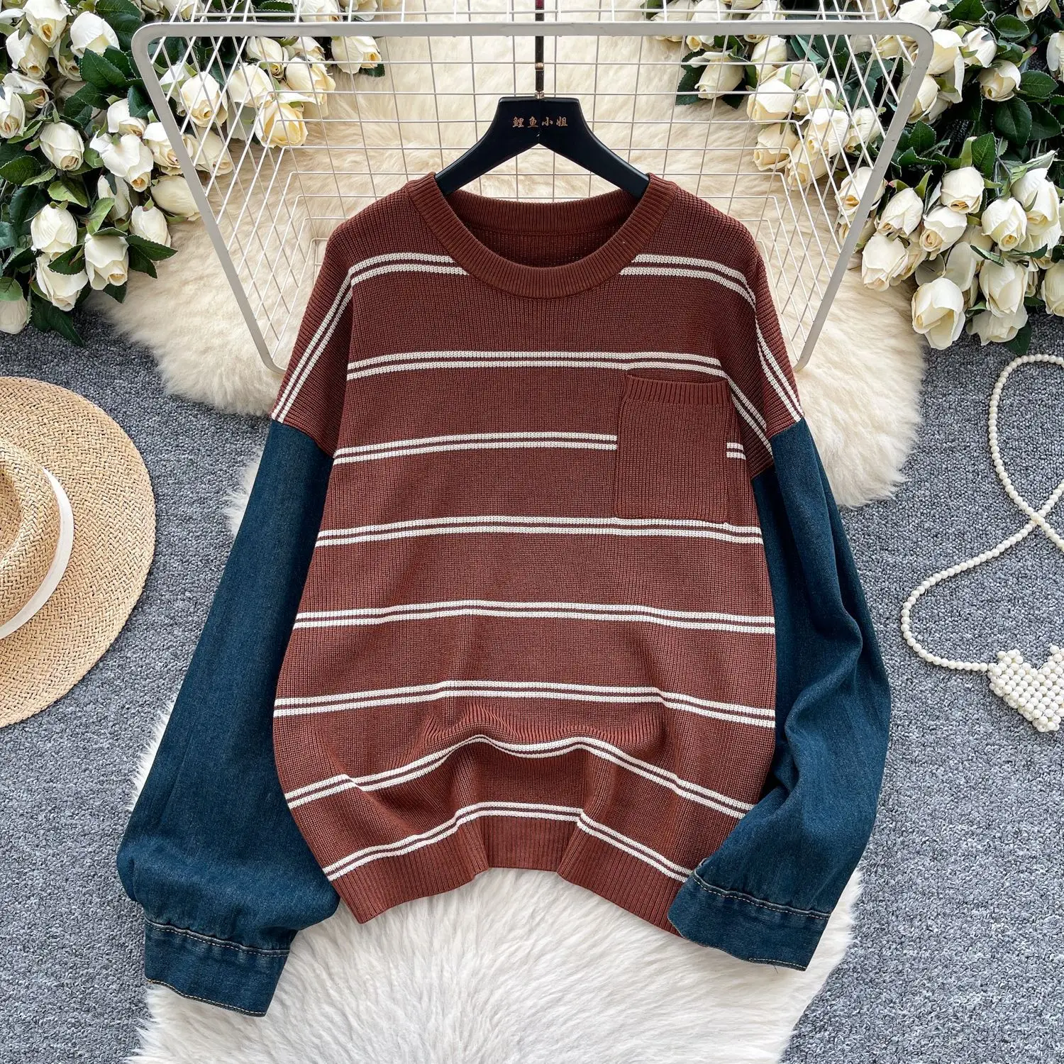 

Pullovers Women Sweaters Knitted Round Neck Full Sleeve Jumpers Y2k Streetwear Elegant Splice Denim Autumn Winter 2025 Work