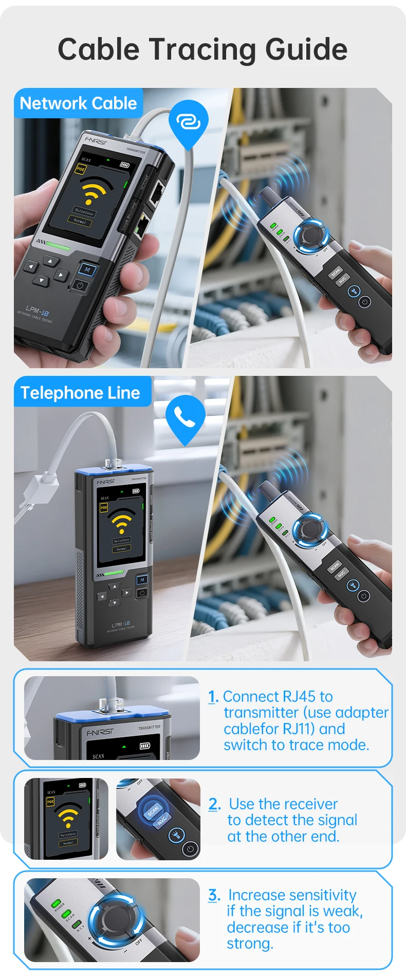 FNIRSI LPM-10A Testador de cabo de rede multifuncional Fio Tracer