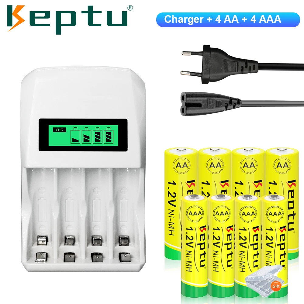 KEPTU 2200MAH AA Rechargebale Battery + AAA 900MAH 1.2V NI-MH AA/AAA Rechargeable batteries with 4-Slot LCD Fast Charger