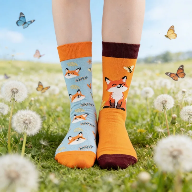 1 pair Cute Fox Asymmetric Socks for Women, (Countryside Style) Cartoon Animal Print Socks