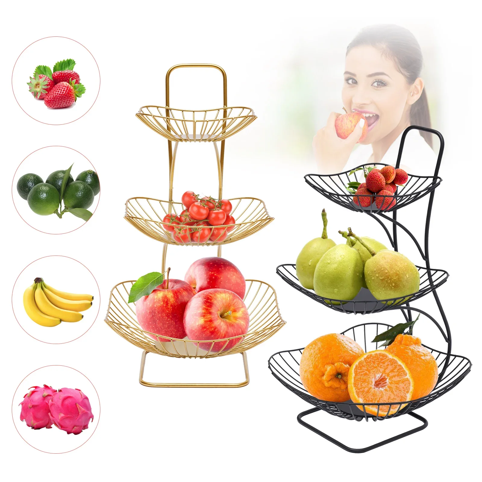 

3-Tier Fruit Plate Vegetable Bowl Basket Holder Storage Stand Organizer Black/Gold