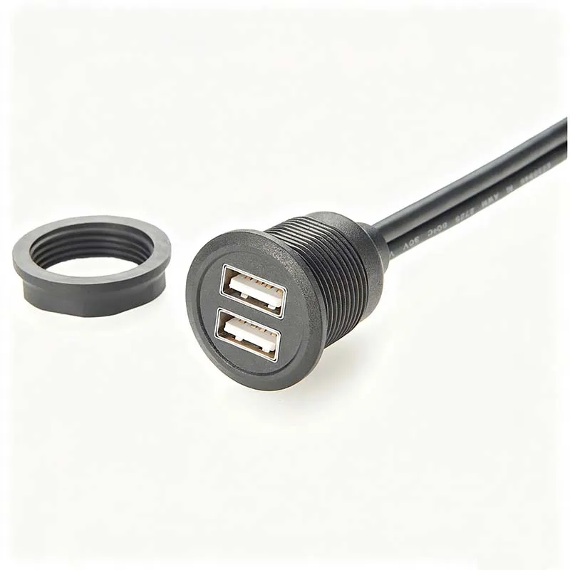 Dual-Port USB 2.0 Round Panel-Mount Extension Cable; In-Dash Embedded Male-to-Female Data Cable for Vehicles