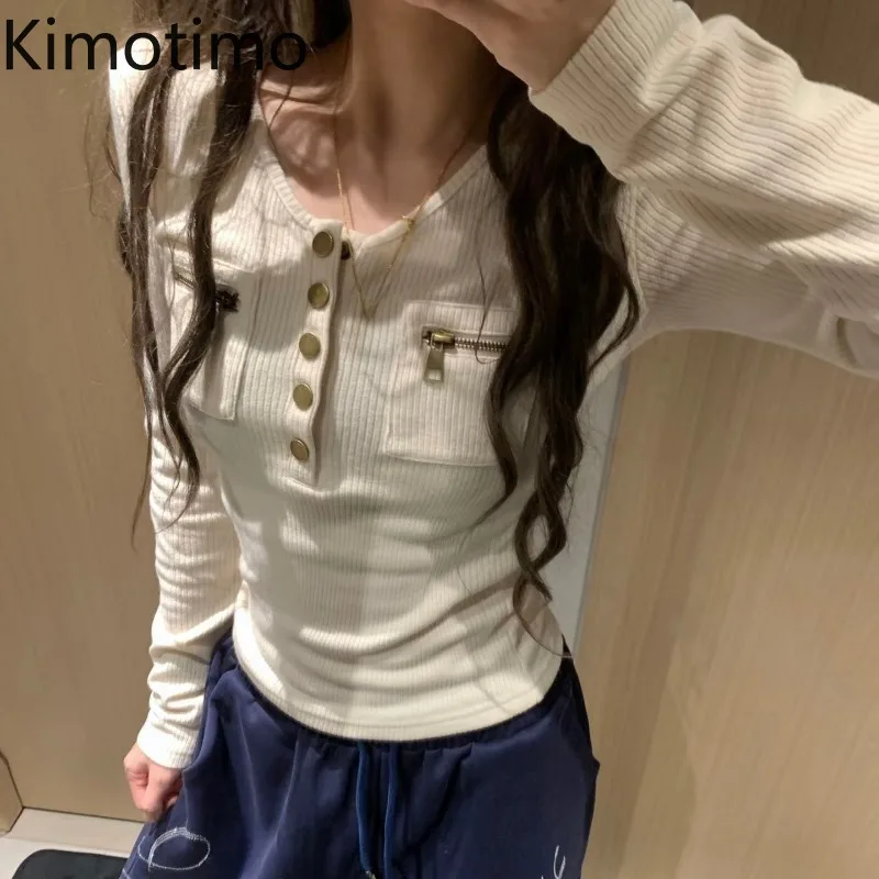 Kimotimo Women T-shirts Simple Long Sleeve Button Up O-neck Pocket Zipper Design Crop Top Autumn Winter Slim Fit Y2k Base Tees