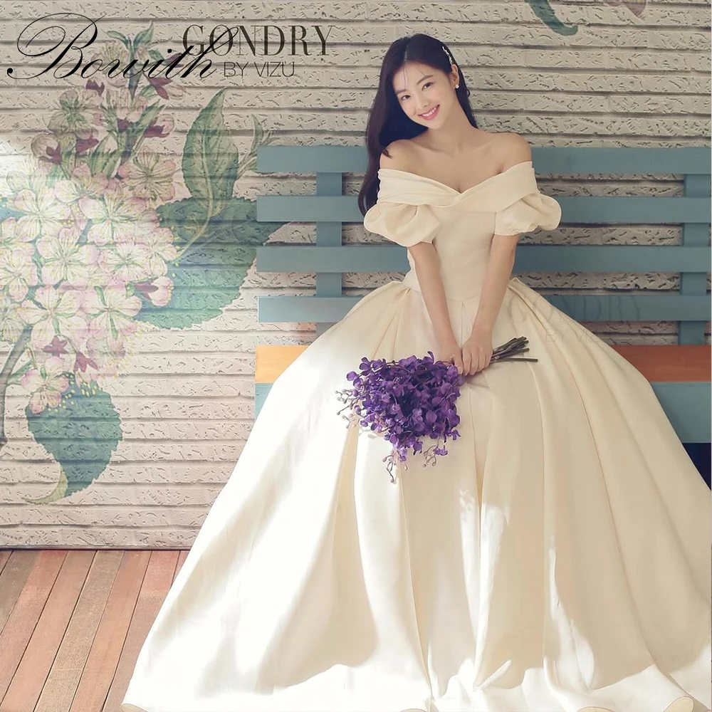 

Bowith Korean Wedding Dresses Off the Shoulder Puff Sleeves Simple Bridal Gown Customized Princess A-Line Wedding Gown