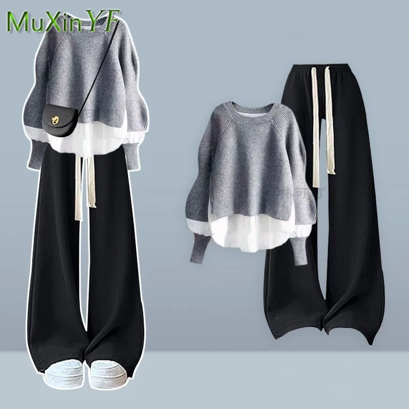 2025 가을/겨울 신상 한국 우아한 투피스 니트 스웨터 상의+캐주얼 바지 세트 여성 패션 트랙수트 매칭 세트