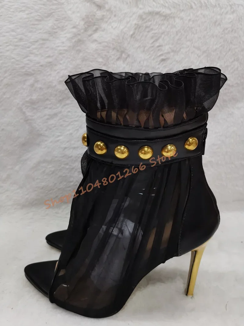 

Sexy Black Mesh with Gold Stud Thin Heeled High Stiletto Heel Ankle Boots Pointed Toe Stilettos Heels Sexy Short Boots Women