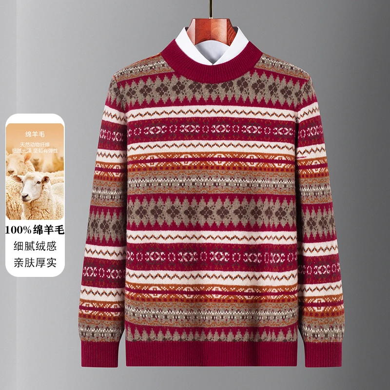 

Одежда из 100% овечьей шерсти, зима 2025 г., модный лоскутный полосатый свитер, толстый джемпер с длинными рукавами, теплые вязаные топы из кашемировой шерсти