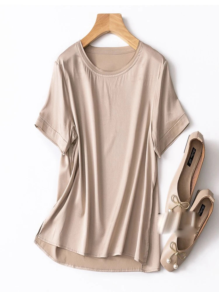 Birdtree, koszulka damska 19MM, 92% jedwab, letnia satynowa koszulka codzienna w jednolitym kolorze, z okrągłym dekoltem, krótki rękaw, podstawowa koszulka T37701QD