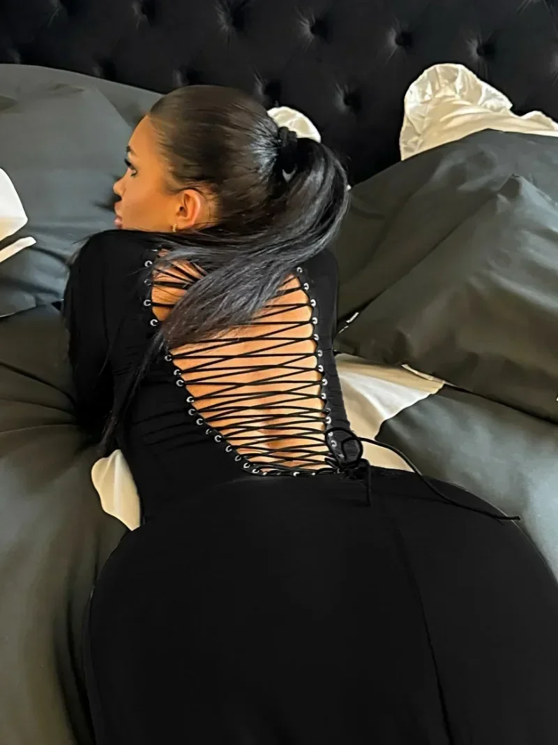 Sexy Hollow Out Bandage Mini Dress Women Fashion Long Sleeve Lace-up Bodycon Package Hip Skinny Party Dresses Night Club Outfit