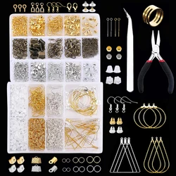 Kit de suministros para hacer joyas, anillos abiertos para saltar, cierres de langosta, cuentas de engarce, alfileres de tornillo, ganchos y respaldos para pendientes, 108-1100 Uds.