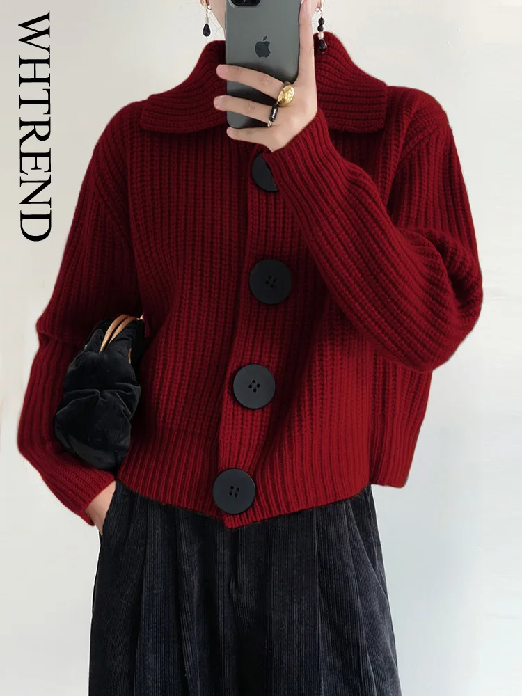 

WHTREND 2025 Korean Style Sweater Coat For Women New Loose Fit Turn-Down Collar Large Button Knitted Cardigan WH1380