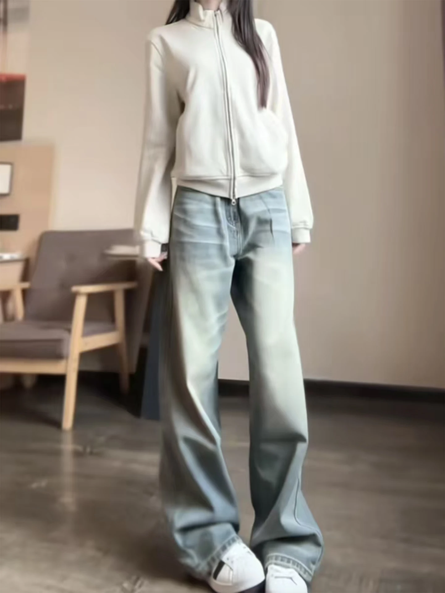 

High Waist Straight Leg Jeans Men's Autumn American High Street Waed Cleanfit Bend Knife Jeans Casual Wide Leg Jeans