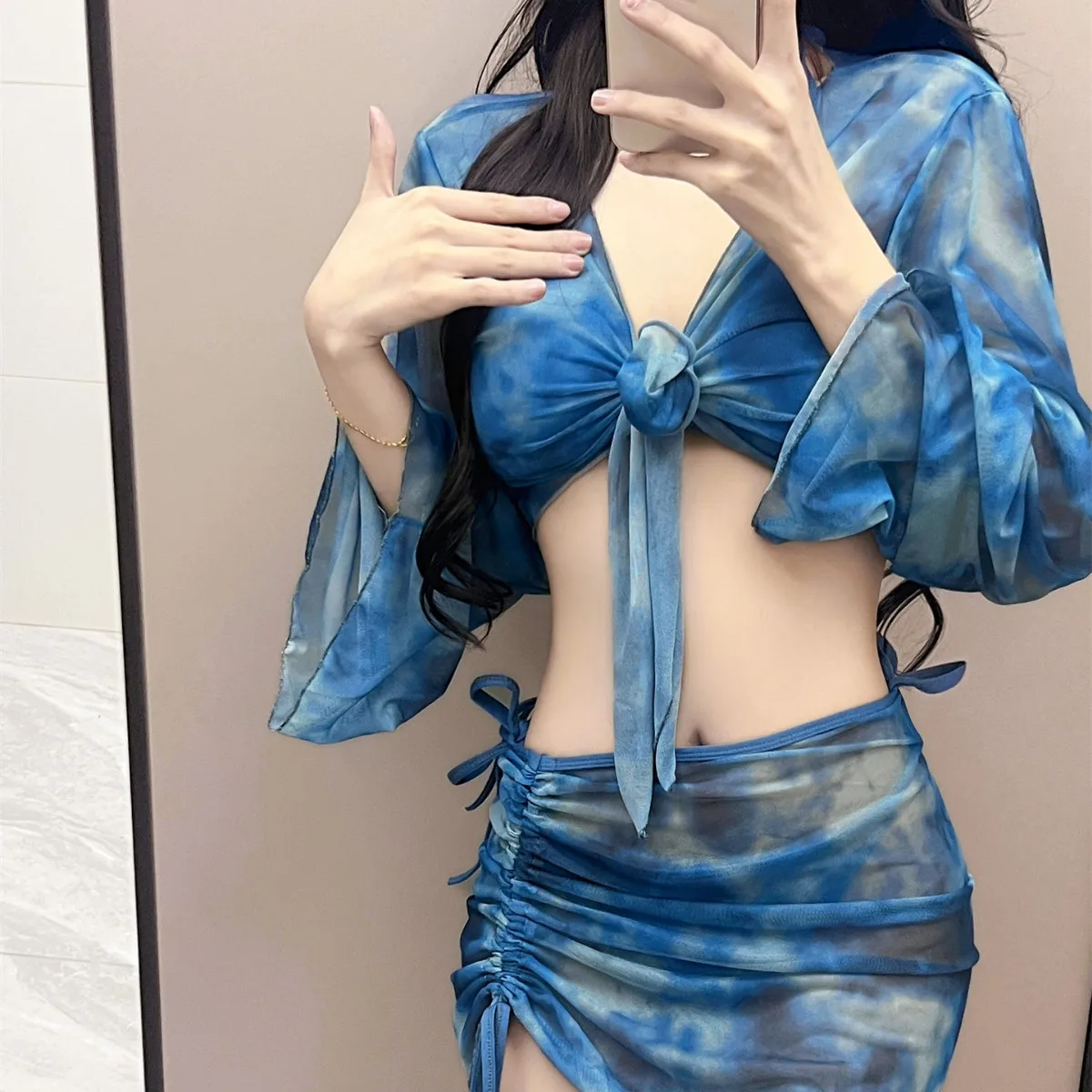 

Women Tie Dye 4 Piece Swimsuit with Cover Up Sheer Long Sleeve Beachwear Set