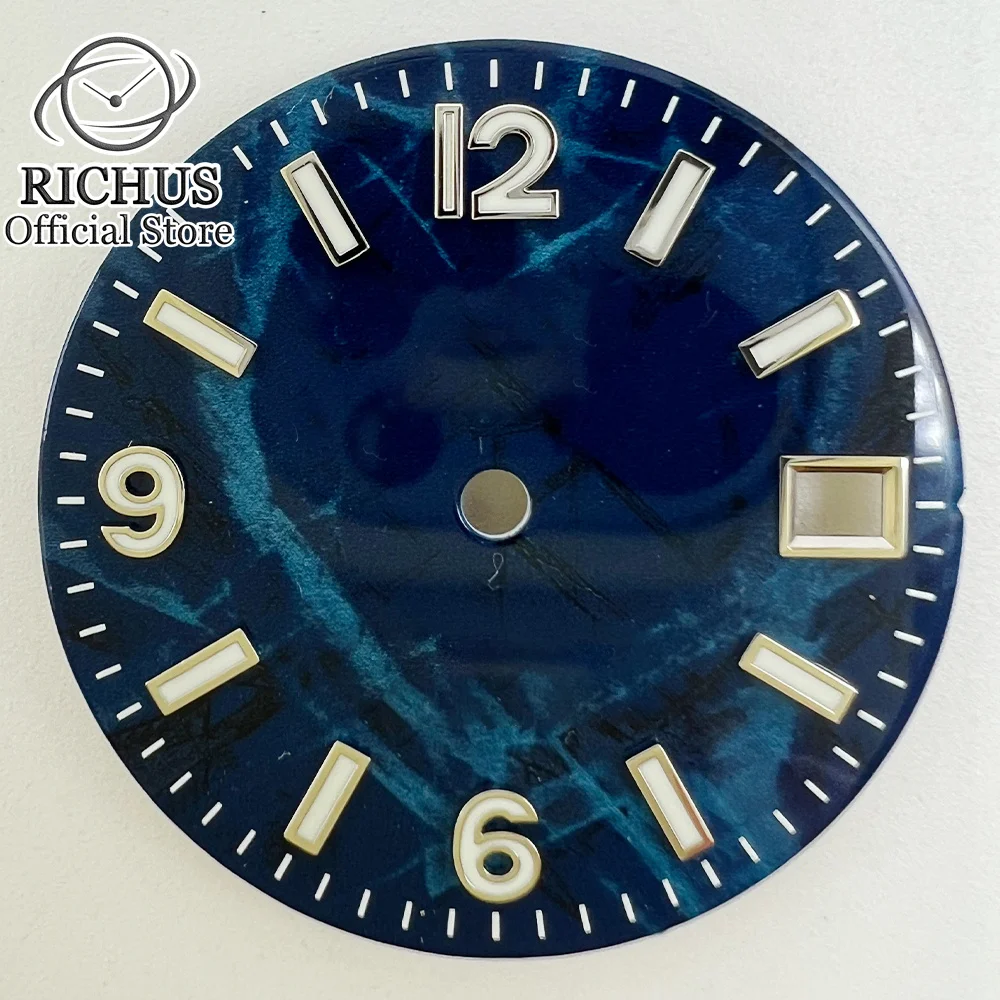 RICHUS 29mm NH35 esfera del reloj verde luminoso negro azul verde cara ajuste NH35 movimiento ajuste 3 en punto corona 3,8 en punto corona