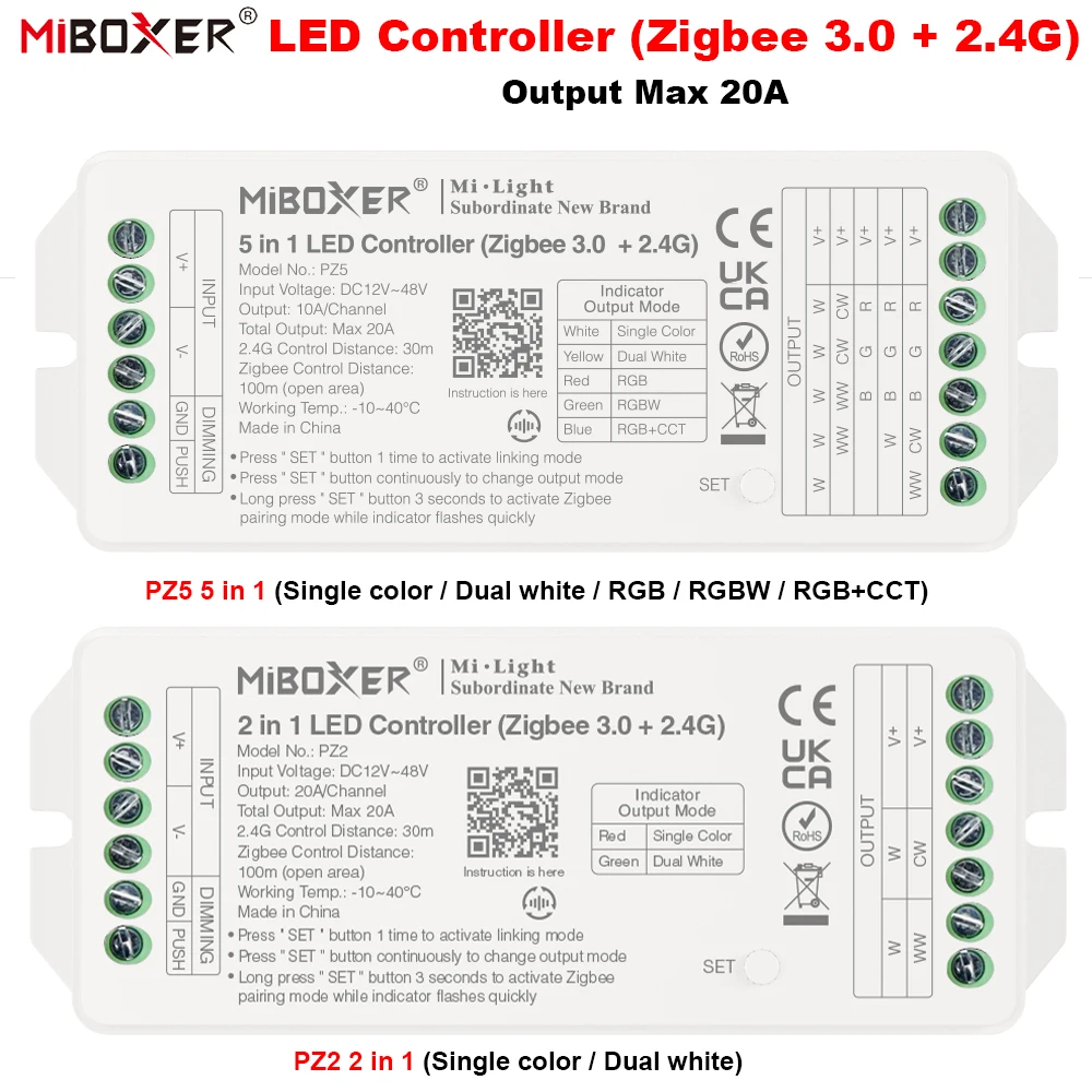 

Контроллер Miboxer ZigBee для светодиодных лент, 2,4G ZP2 2 в 1 ZP5 5 в 1, для одноцветных двойных белых RGB RGBW RGB + CCT выход, макс. 20 А, 12-24 В постоянного тока