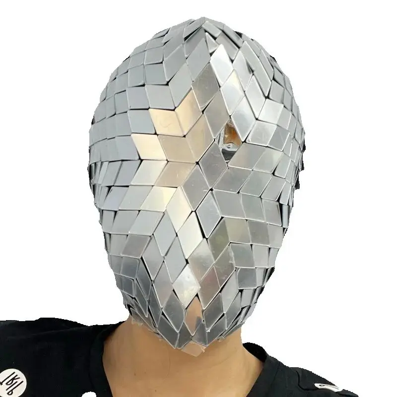 Pełna Srebrna Maska z Lusterek Seksowny Strój do Tańca Gogo Kostium na Halloween Klub Nocny Bar Dj Ds Akcesoria do Występów Scenicznych Nakrycie Głowy XS10342