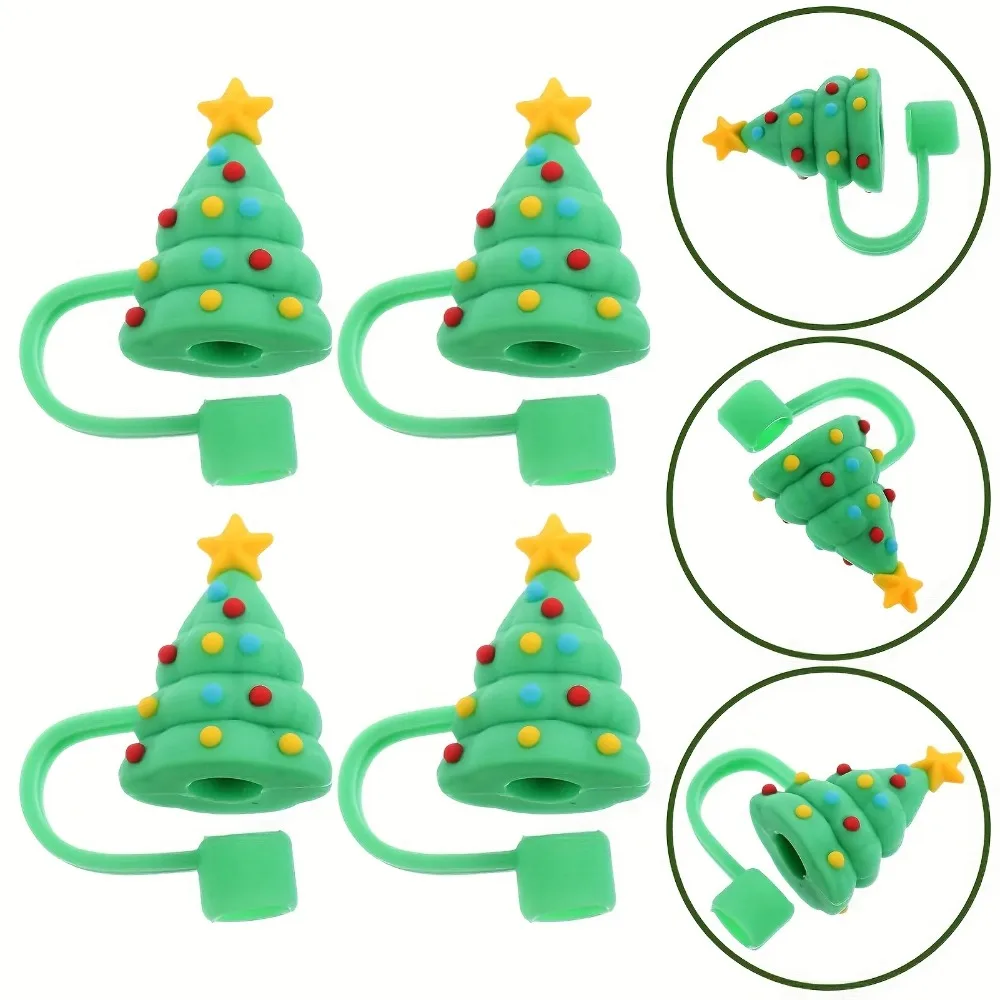 Christmas Tree Shaped Silicone Straw Lid, Reusable Dustproof Straw Plug, Suitable For 6-8mm Straws, Christmas Gift