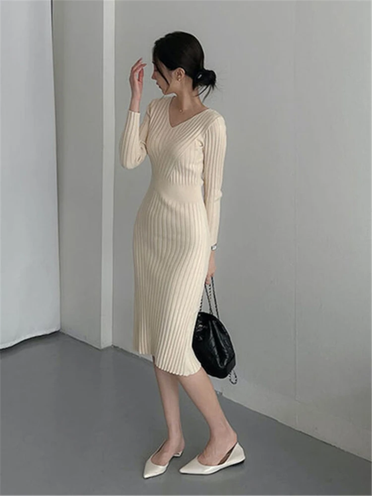 Colorfaith DR5508DG New 2023 Vintage Knitting Package Hip Elegant Lady Knitwear Elasticity Women\'s Autumn Winter Long Dresses