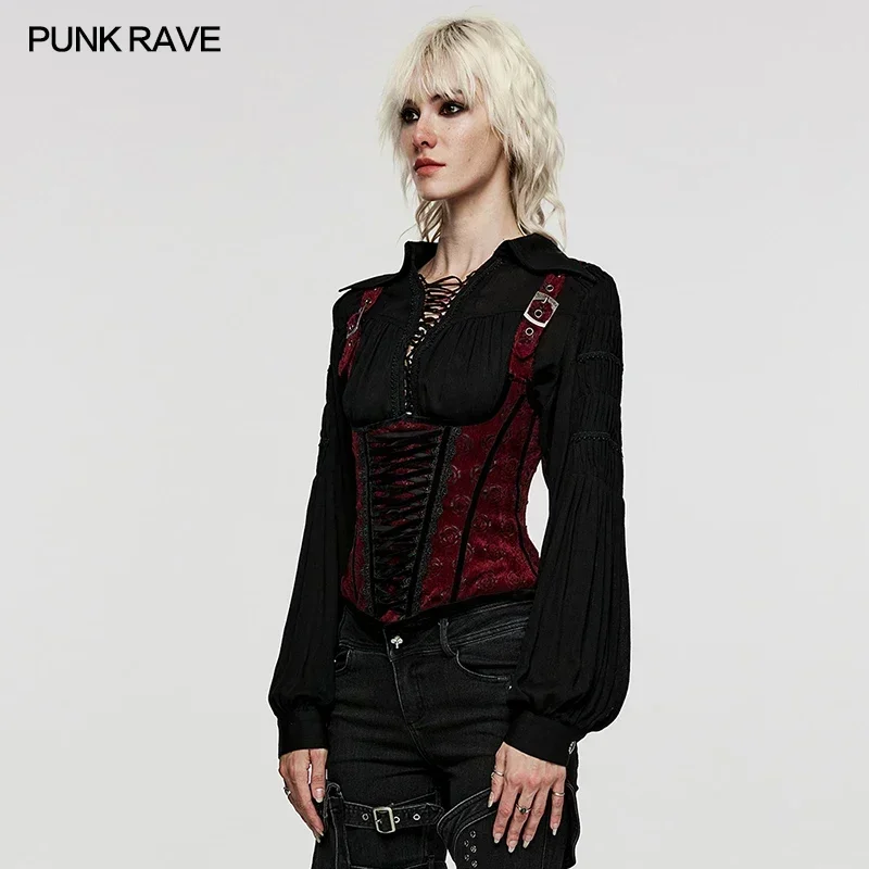 PUNK RAVE Women's Gothic Rose-patterned Corset Adjustable Shoulder Loop Party Club Slim Sexy Back Drawstrings Waist