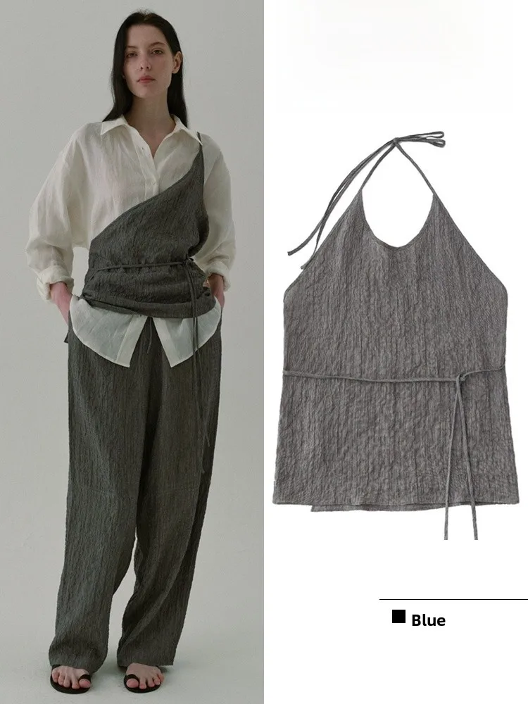

Летний топ Moia 2026: Корейский стиль, повседневный, облегающий, с поясом, льняной, без бретелек, без рукавов, женская майка-жилет