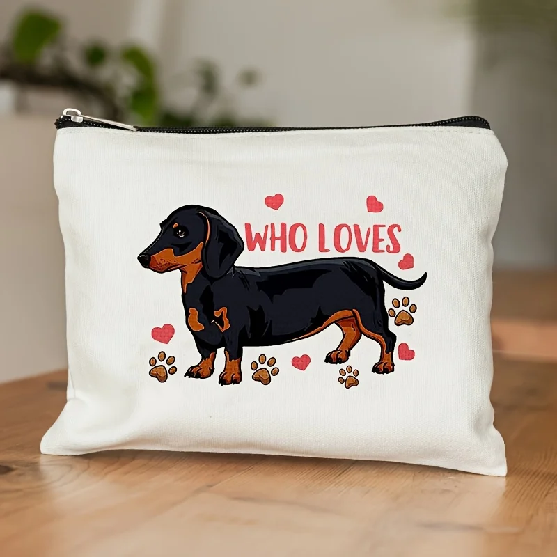 Cute Dachshund Dog Makeup Bag with Heart Paw Print  Sturdy Zipper Travel Toiletry Adorable Black Dachshund Design for dog Lovers