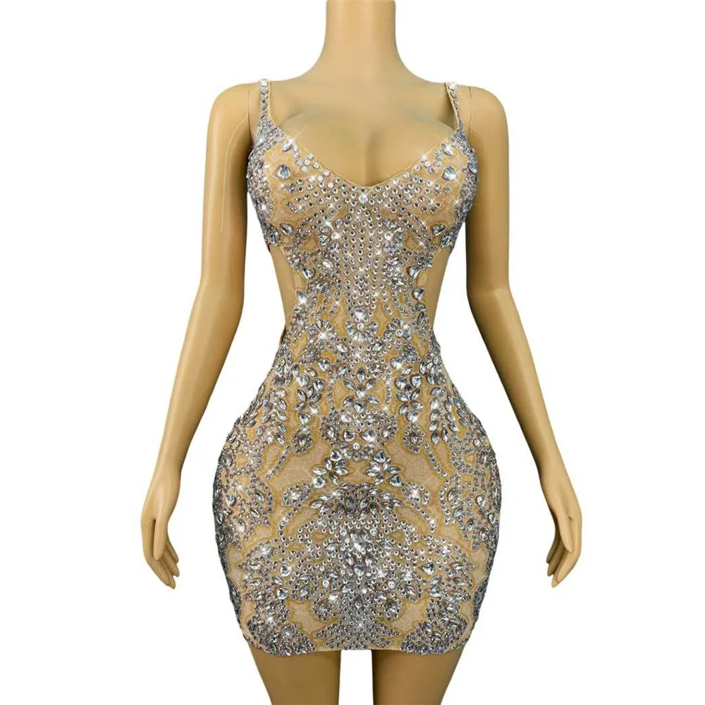 Women Sexy Sparkly Rhinestones Exquisite Gowns V-neck Hollow Waist Dress Evening Party Fashion Show Photo Shoot Stage Wear