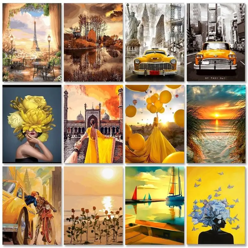 

RUOPOTY Diy Frame Painting By Numbers 40x50cm Kits Yellow Landscape Drawing Picture By Numbers For Adults Kill Time Diy Gift