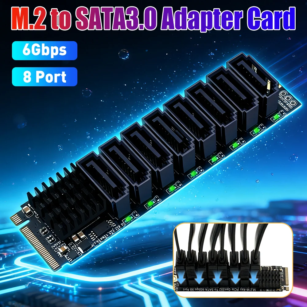 M.2 PCIE To SATA Expansion Card ASM1166 6Gbps 8 Port M.2 To SATA Adapter with Smart Indicator Tools Included for Desktop PC