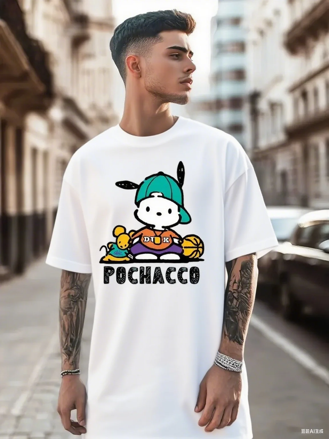 

Pochacco Basketball Themed Cotton Tee Trendy Printed Brand Pure Cotton T-shirt Short Sleeve Unisex Round Neck Tshirt Versatile