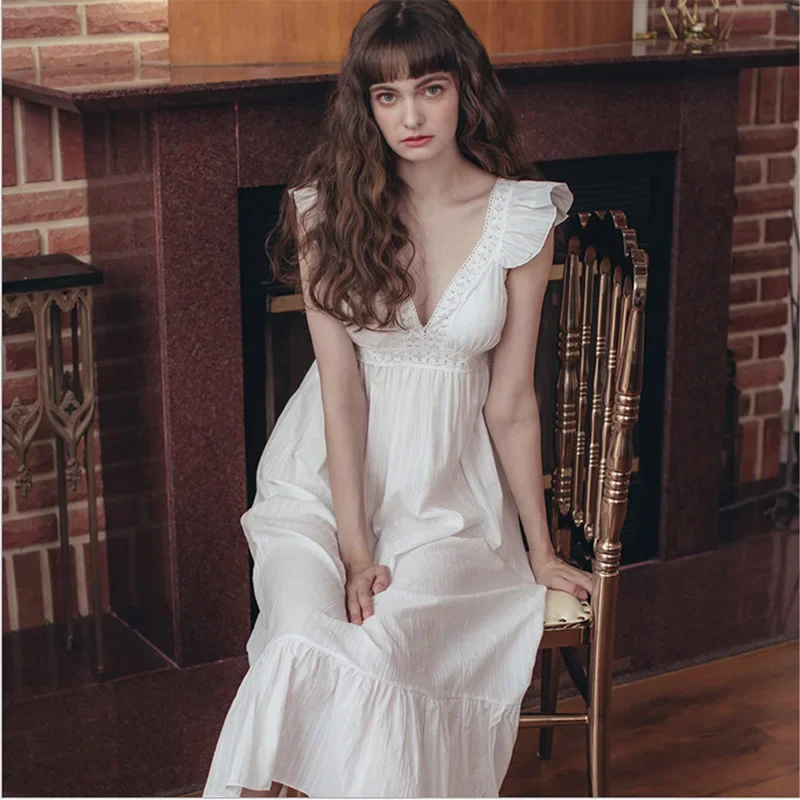 Women\'s Lolita Dress White Lace Sleeveless Princess Sleepshirts Vintage Lady Girls Nightgowns Nightdress Cute Pajamas Loungewear