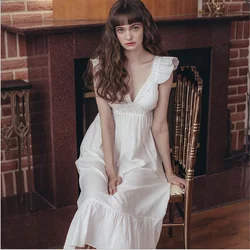 Women's Lolita Dress White Lace Sleeveless Princess Sleepshirts Vintage Lady Girls Nightgowns Nightdress Cute Pajamas Loungewear