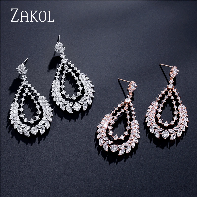 ZAKOL Designe Leaf Cubic Zirconia CZ Dangle Earrings for Elegant Women Bridal Wedding Party Jewelry FSEP2172