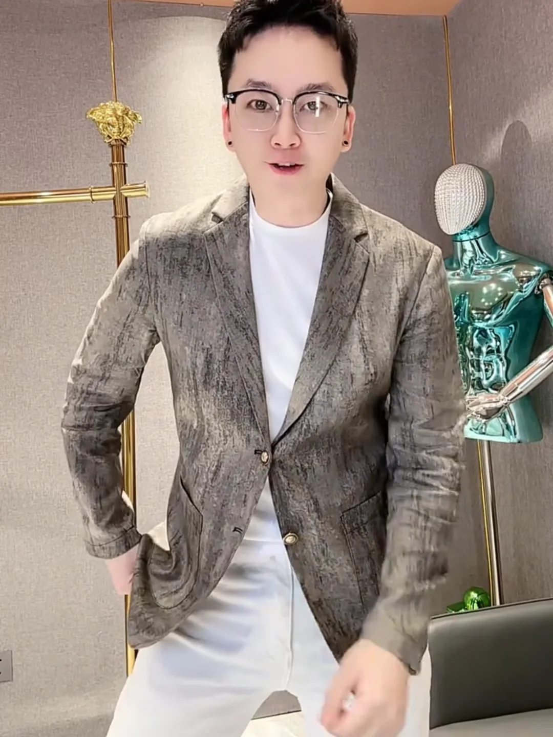 

New Men's Casual Tie Dye Crt Slim Fit Spring Summer Suit High Quali Faionable Stand Sle Button Decoration Busin...