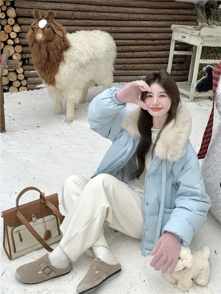 ブルーのレディースダウンジャケット、大きなファー襟付き、ダウン入りコート、冬用、韓国風、超美品、小さいサイズ