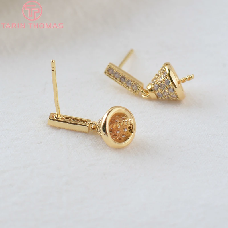 Brass with Zircon Stud Earrings, Cor do Ouro, Meio Pino, Alta Qualidade, Joalheria, Finding, 8x17mm, 2 unid, 24K, 2075