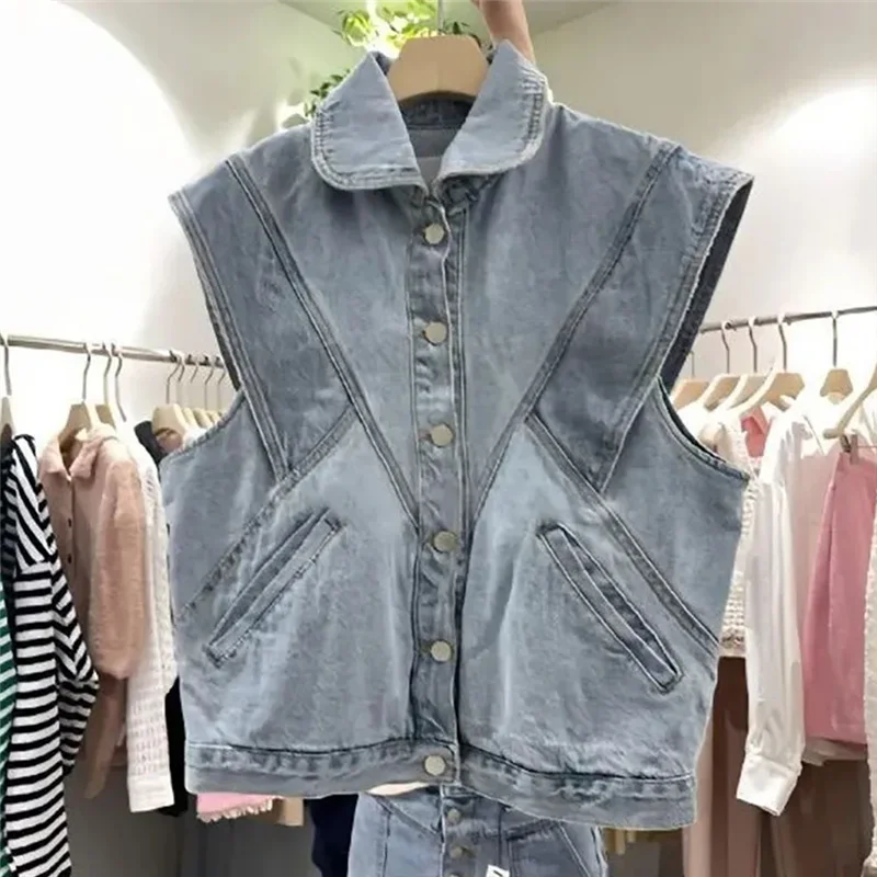 

spring new Fashion Women Denim Vest Lapel Casual Sleeveless Jeans jacket Solid Color Vintage Waistcoat Female loose tops T500