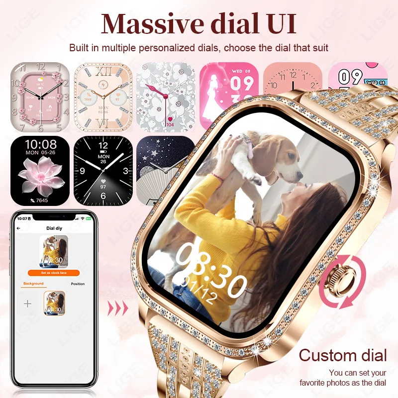 LIGE New Women Diamond Smart Watch 2026 Bluetooth Call Heart Rate Sleep Monitor Waterproof Ladies Fitness Smartwatch Android iOS