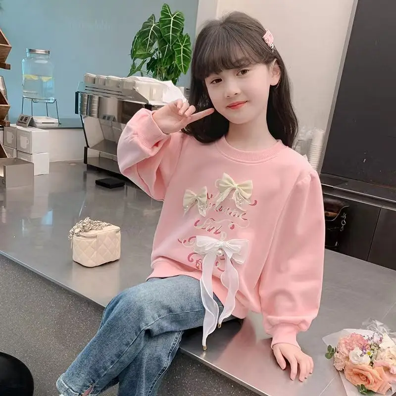 

Girls' 2025 New Spring/Autumn Bowknot Long Sleeve Crewneck Stylish Sweatshirt for Mid-Big Kids