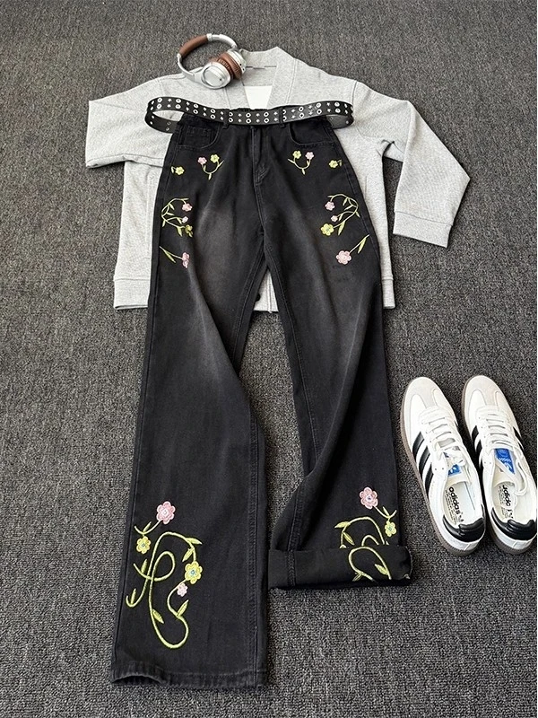 

Floral Embroidered Straight Leg Jeans Men's Women's Autumn New Design Sensation Jeans Casual Comfortable Wear Resistant