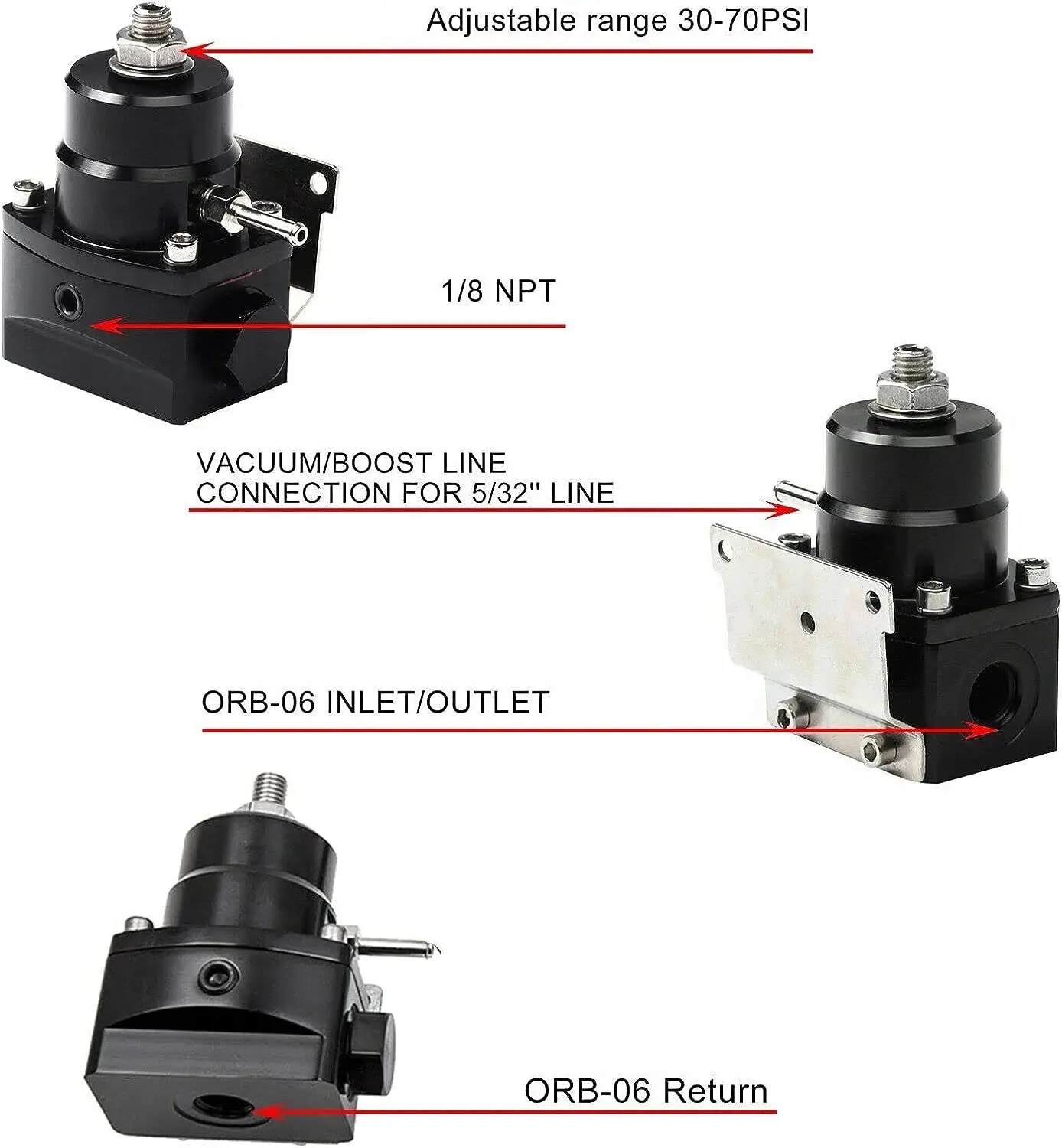 Universele verstelbare brandstofdrukregelaarset 100 psi Guage AN6 fitting zwart