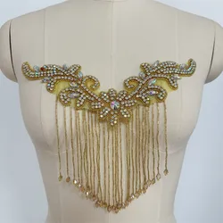 1PCS Handmade Crystal Beaded Rhinestone patches Iron on Bridal Sash Belt Trim for wedding dress