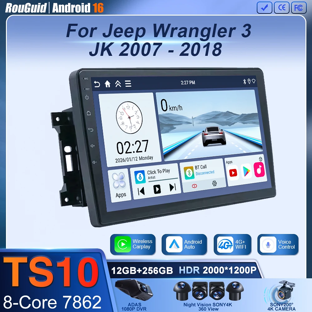 Android 16 Carplay Auto Car Radio For JeepUniversal GPS Multimedia Player Autoradio Navi Stereo 4G+WIFI DSP 2 Din