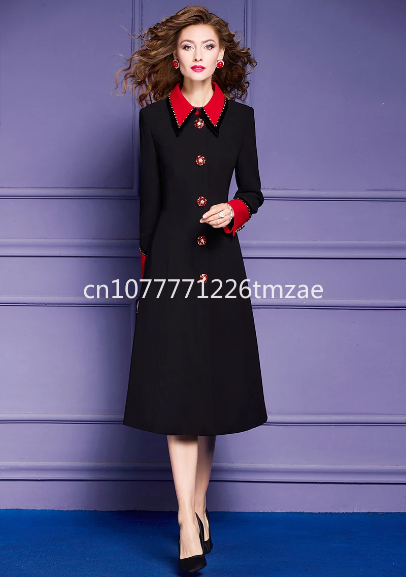 Long Sleeve 2024 Fall/Winter XL Vest Party Crystal Button Luxury Beading Color Block Black Women's Dress