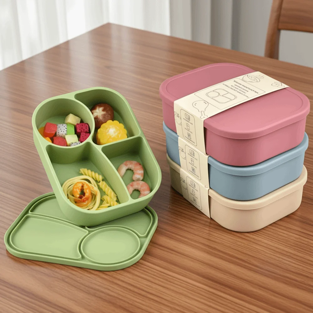 

Rectangular Silicone 4 Grid Lunch Box Leak Proof Heat Resistant Food Box With Compartments Microwavable Lunch Container School