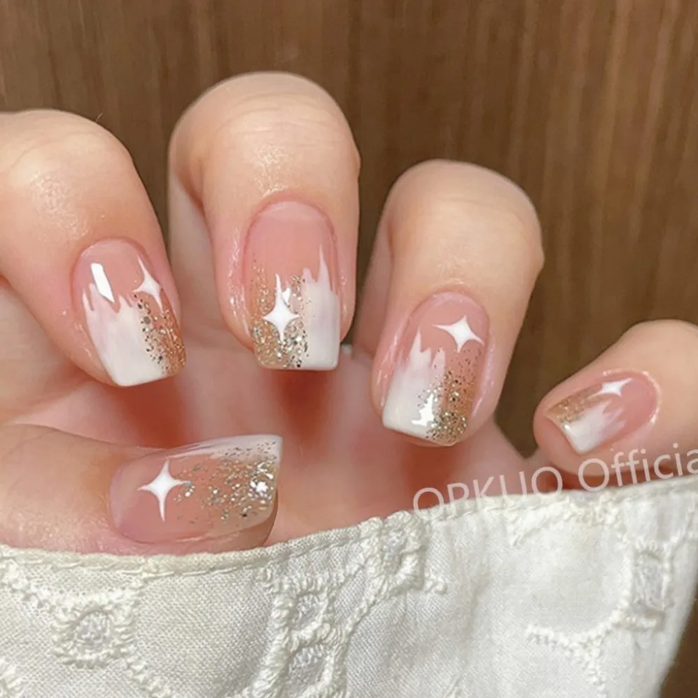 Long Press On False Nails With Glue Sticker Glitter Gold Star French Tip Acrylic Short Square Fake Nail DIY Manicure Accessory