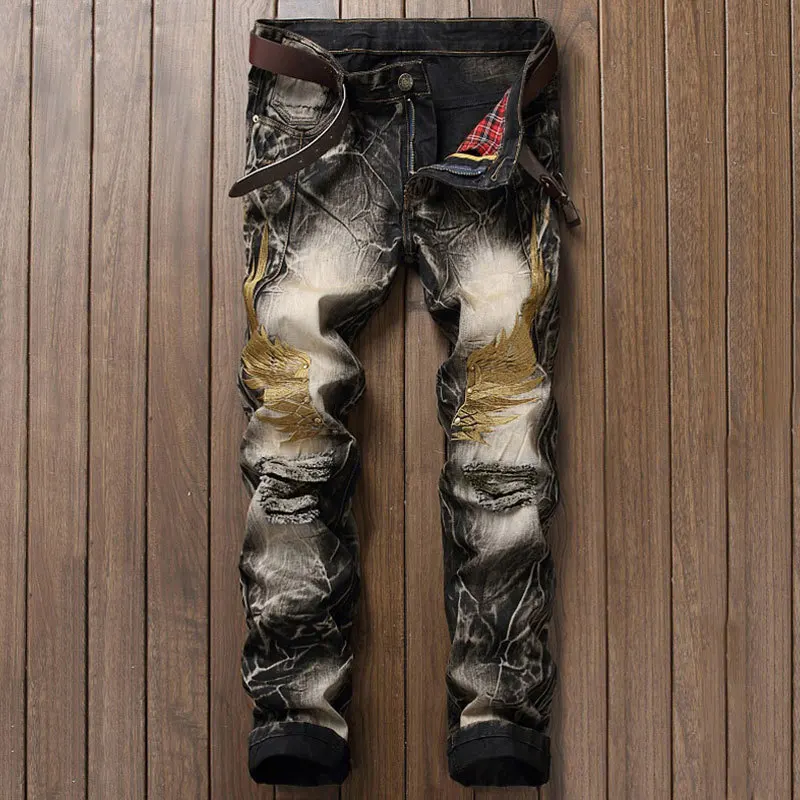 Men's Street Style Embroidered Wing Hole Denim Jeans Cross-Border Cotton 100% Casual Comfortable Non-Stretch Mid-Waist