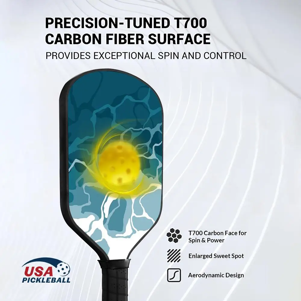 مجموعة مجداف Pickleball المعتمدة من USAPA T700 من ألياف الكربون Unibody مع طاقة أساسية على شكل قرص العسل مقاس 16 مم وموجات بحرية
