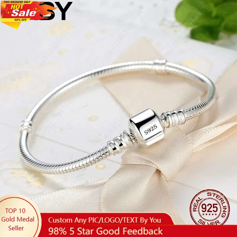 

Handmade Original Fine Jewelry 925 Sterling Silver Charm Bracelet Soft Smooth Snake Bone Bracelets for Women
